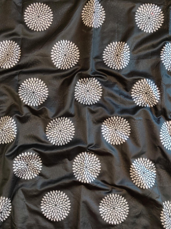 Banarasee Silver Buta Print Chanderi Fabric-Black