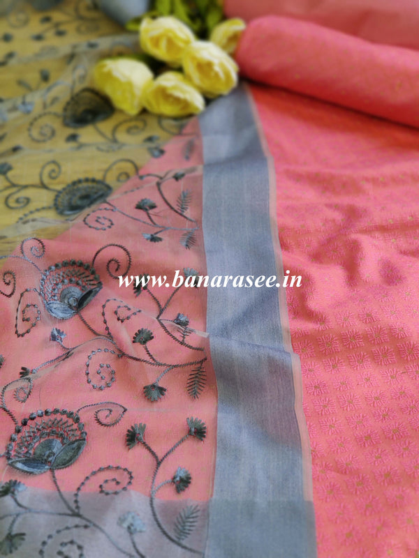 Banarasee Brocade Salwar Kameez Fabric With Organza Dupatta-Pink & Grey