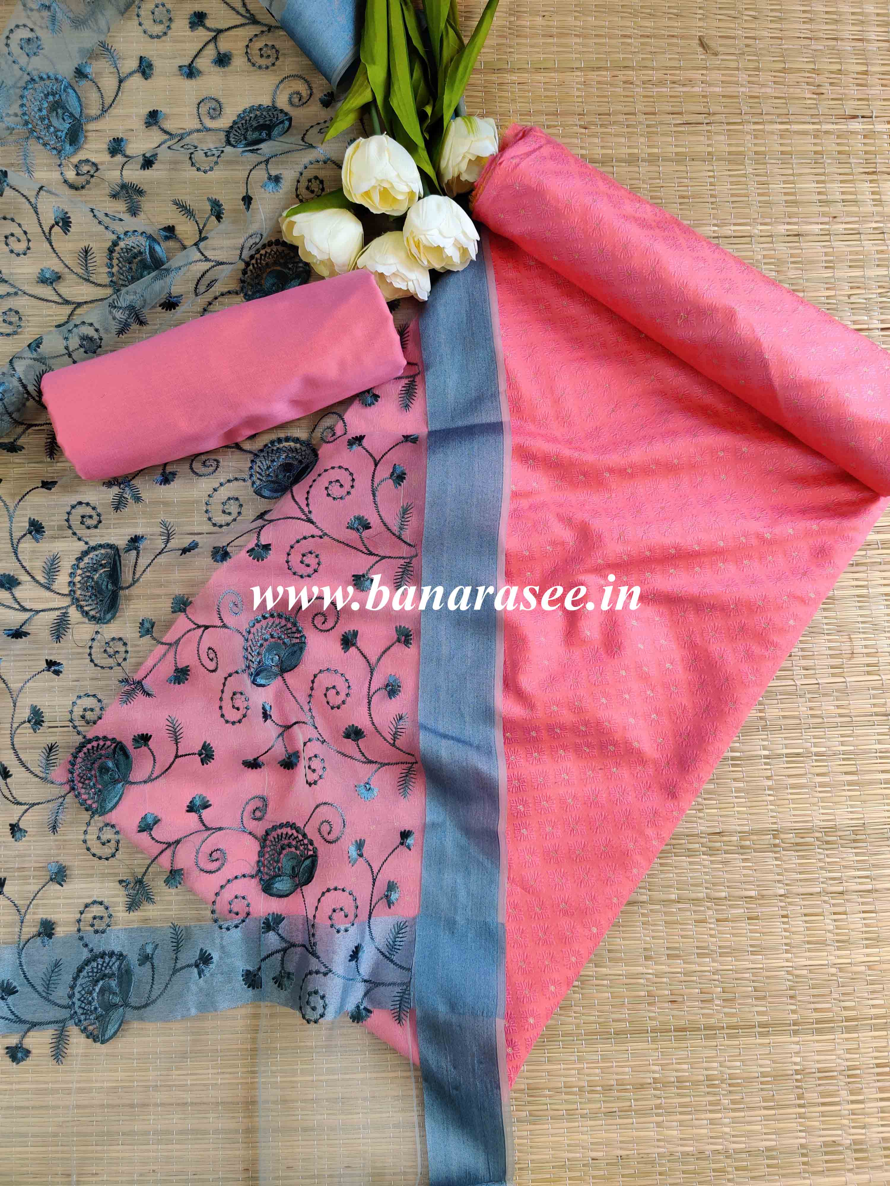 Banarasee Brocade Salwar Kameez Fabric With Organza Dupatta-Pink & Grey