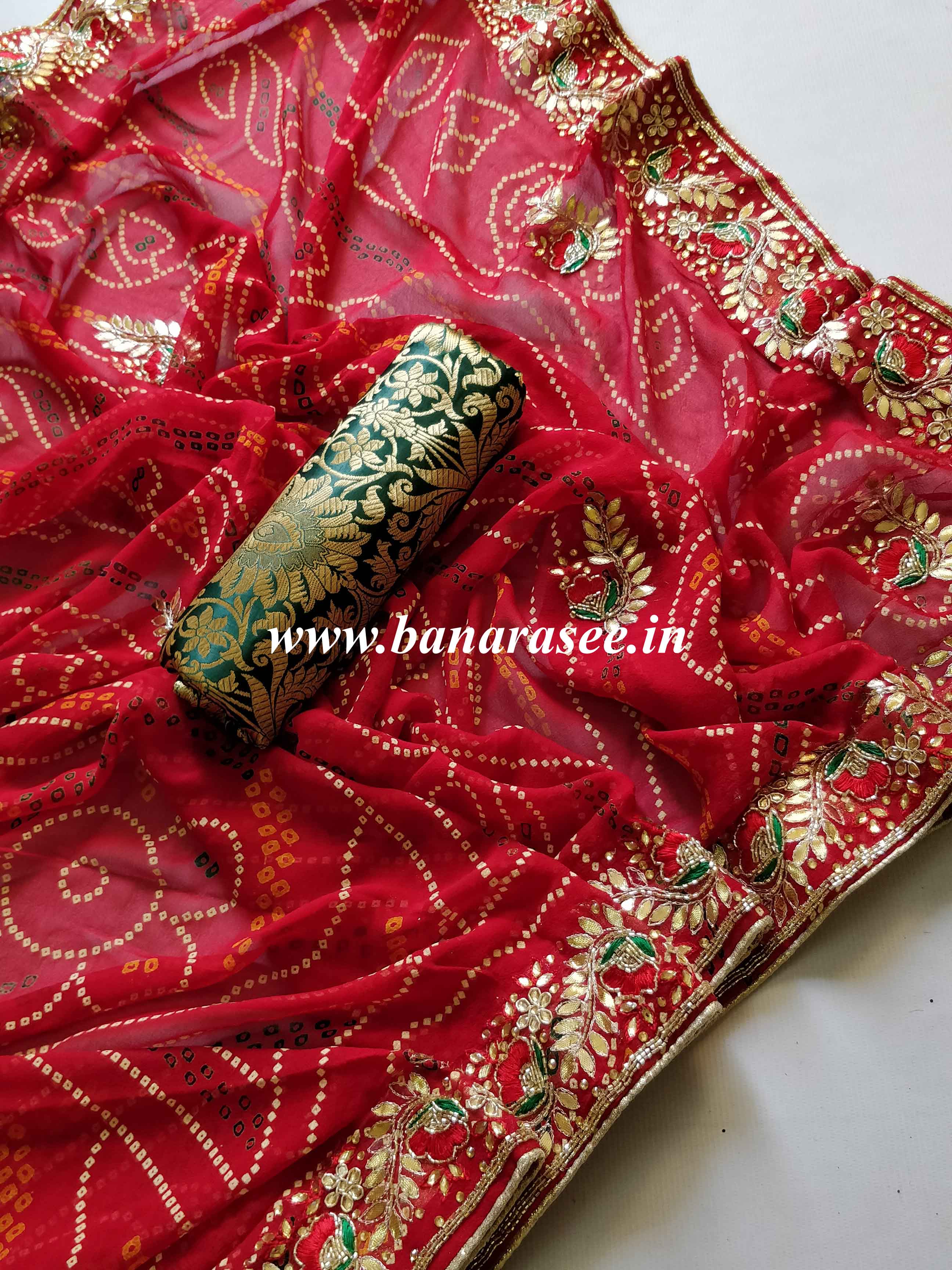 Chiffon Bandhej Saree With Gotapatti Zardozi Work-Red