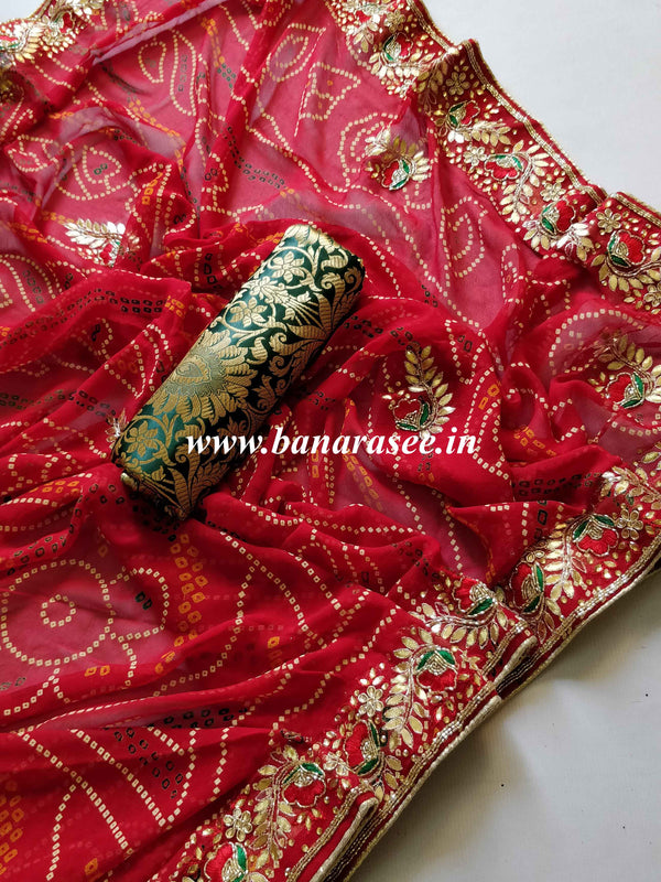 Chiffon Bandhej Saree With Gotapatti Zardozi Work-Red