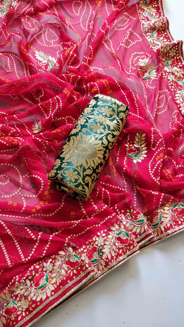 Chiffon Bandhej Saree With Gotapatti Zardozi Work-Red