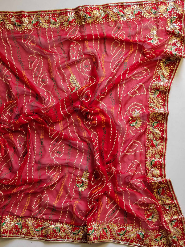 Chiffon Bandhej Saree With Gotapatti Zardozi Work-Red