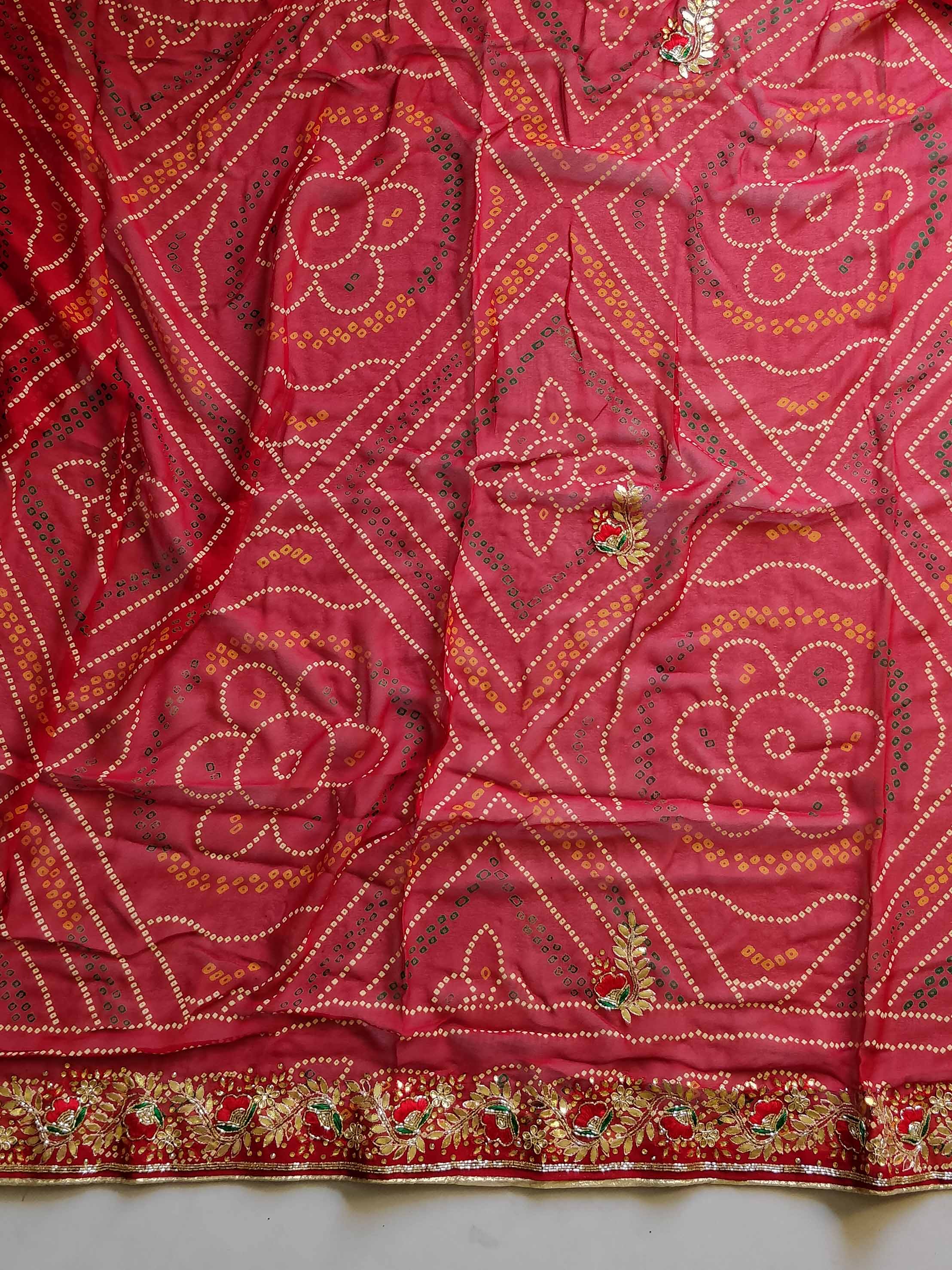Chiffon Bandhej Saree With Gotapatti Zardozi Work-Red