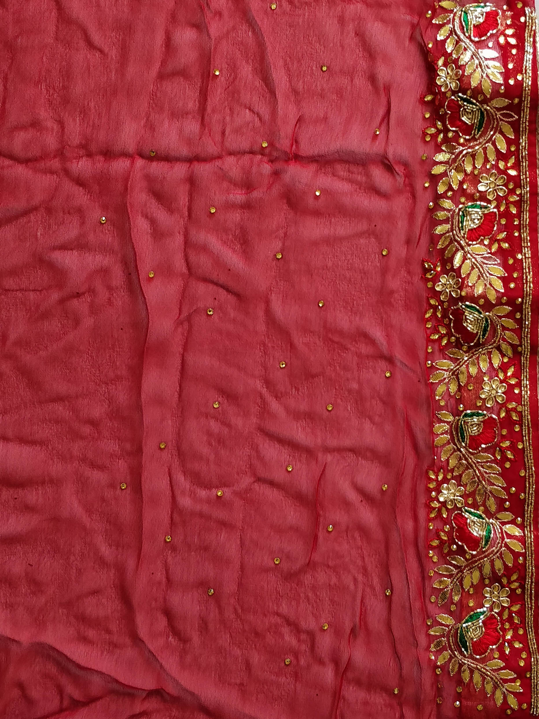 Chiffon Bandhej Saree With Gotapatti Zardozi Work-Red