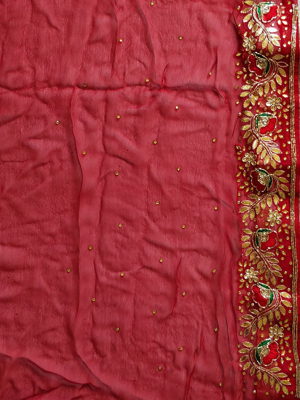 Chiffon Bandhej Saree With Gotapatti Zardozi Work-Red