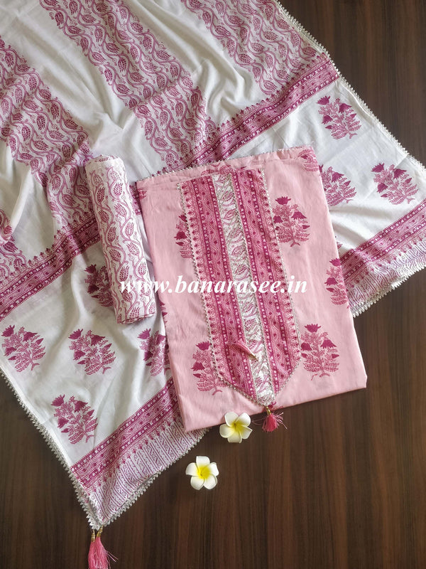 Pure Handloom Mul Cotton Sanganeri Block Printed Gotapatti Suit Set-Pink & White