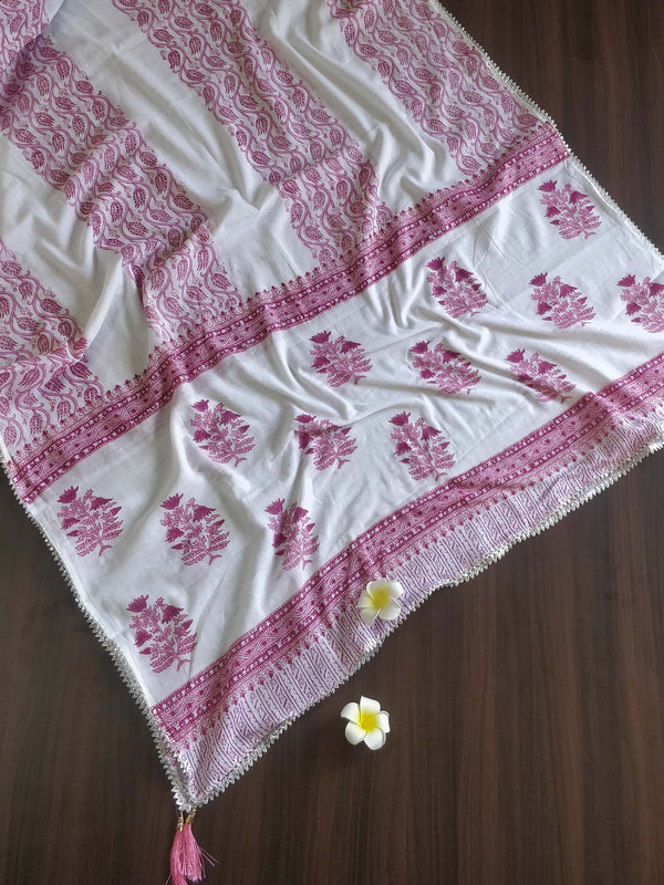 Pure Handloom Mul Cotton Sanganeri Block Printed Gotapatti Suit Set-Pink & White
