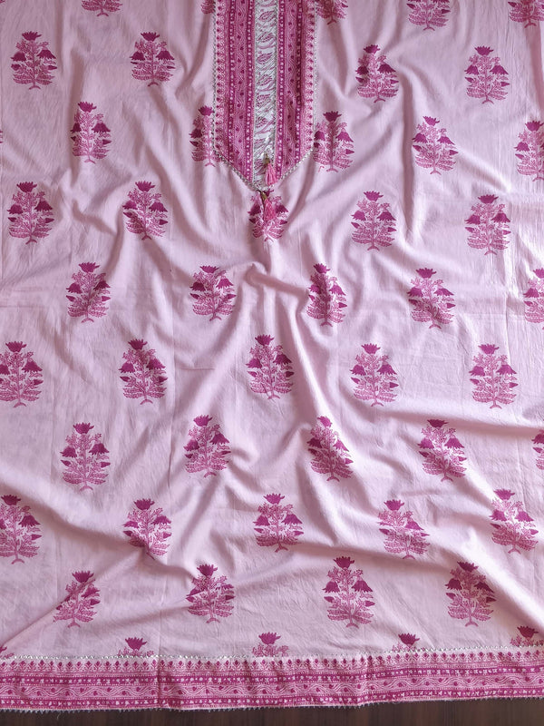 Pure Handloom Mul Cotton Sanganeri Block Printed Gotapatti Suit Set-Pink & White