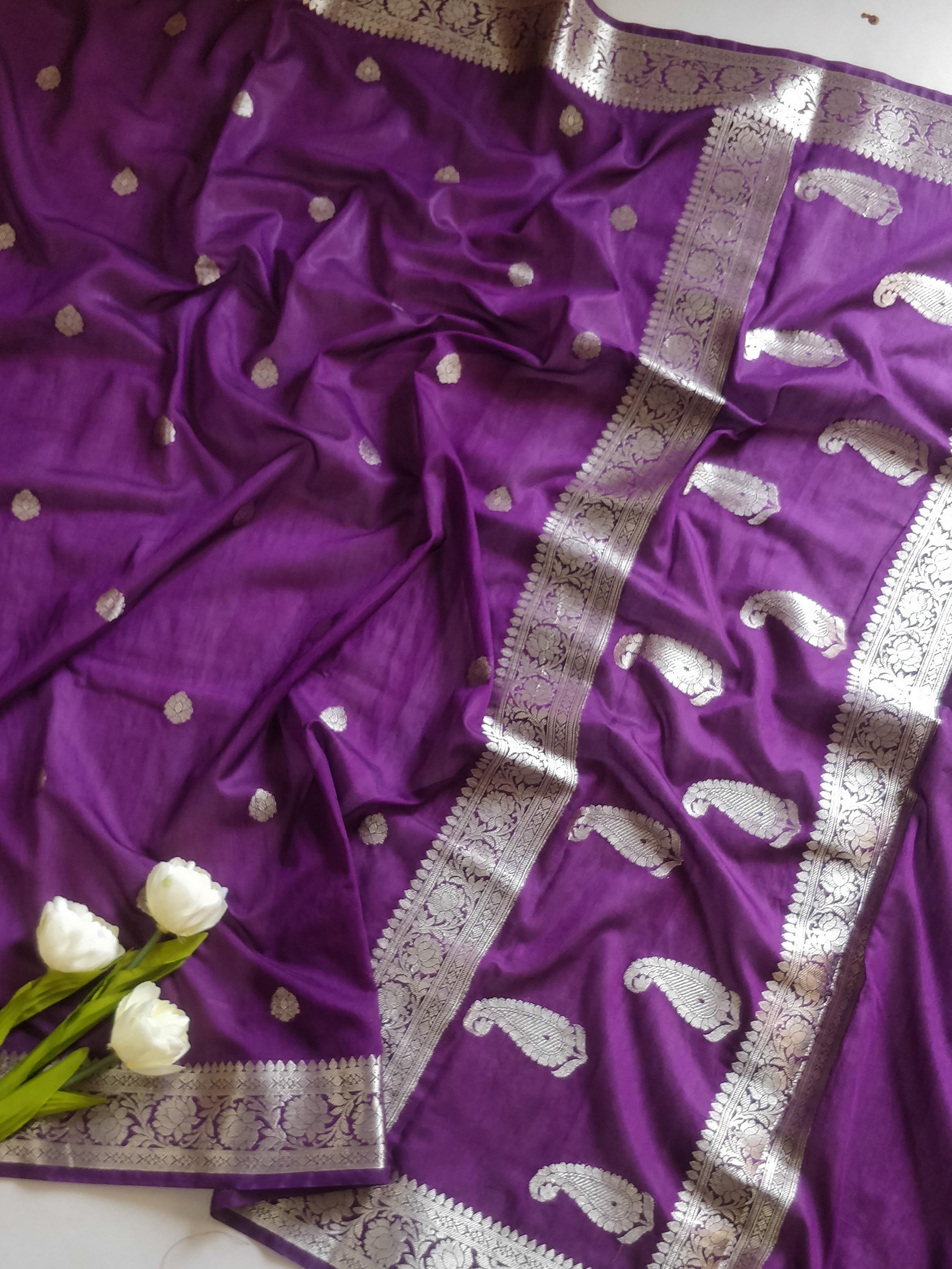 Banarasee Handwoven Semi-Chiffon Saree With Silver Zari-Violet