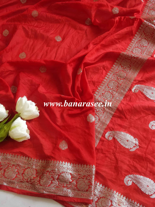 Banarasee Handwoven Semi-Chiffon Saree With Silver Zari-Red