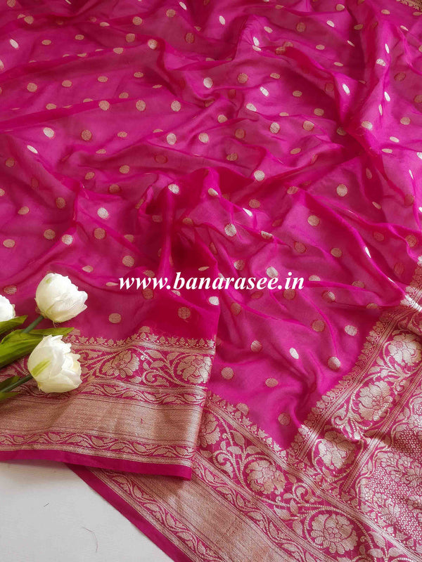 Banarasee Handwoven Semi-Chiffon Saree With Asharfi Buta-Hot Pink