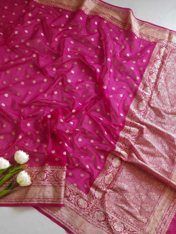 Banarasee Handwoven Semi-Chiffon Saree With Asharfi Buta-Hot Pink