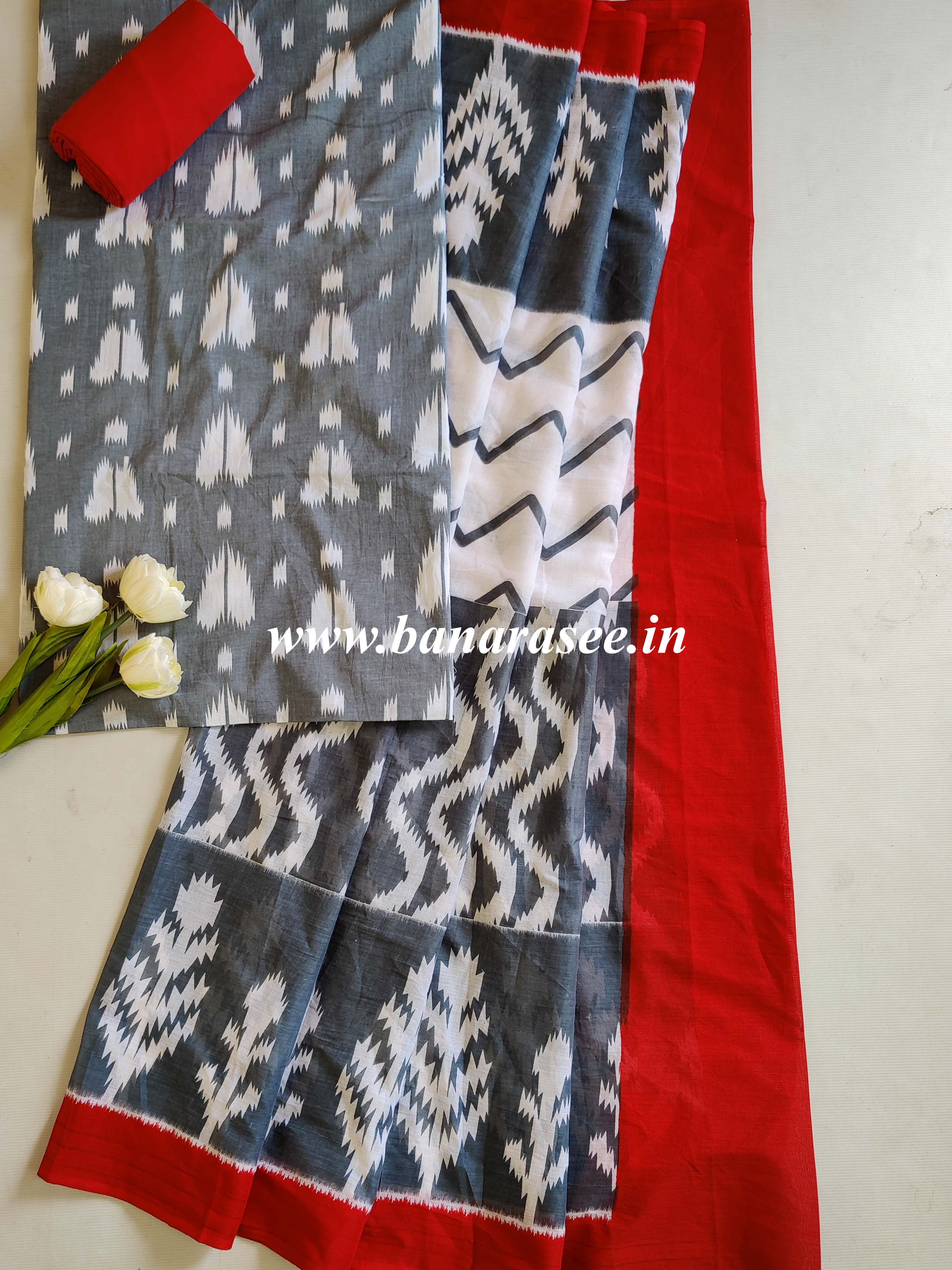 Pure Handloom Mul Cotton Ikkat Print Suit Set-Grey & Red