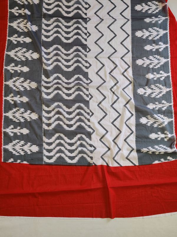 Pure Handloom Mul Cotton Ikkat Print Suit Set-Grey & Red