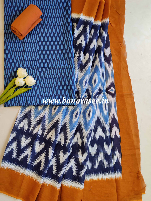 Pure Handloom Mul Cotton Ikkat Print Suit Set-Blue & Mustard