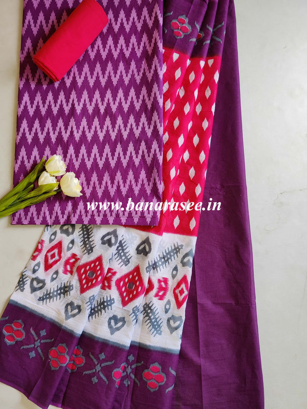 Pure Handloom Mul Cotton Ikkat Print Suit Set-Purple
