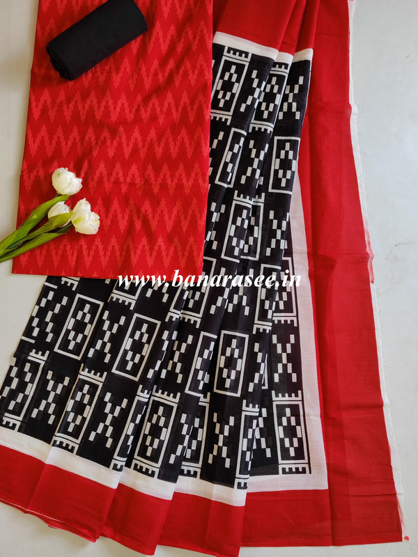 Pure Handloom Mul Cotton Ikkat Print Suit Set-Red & Black