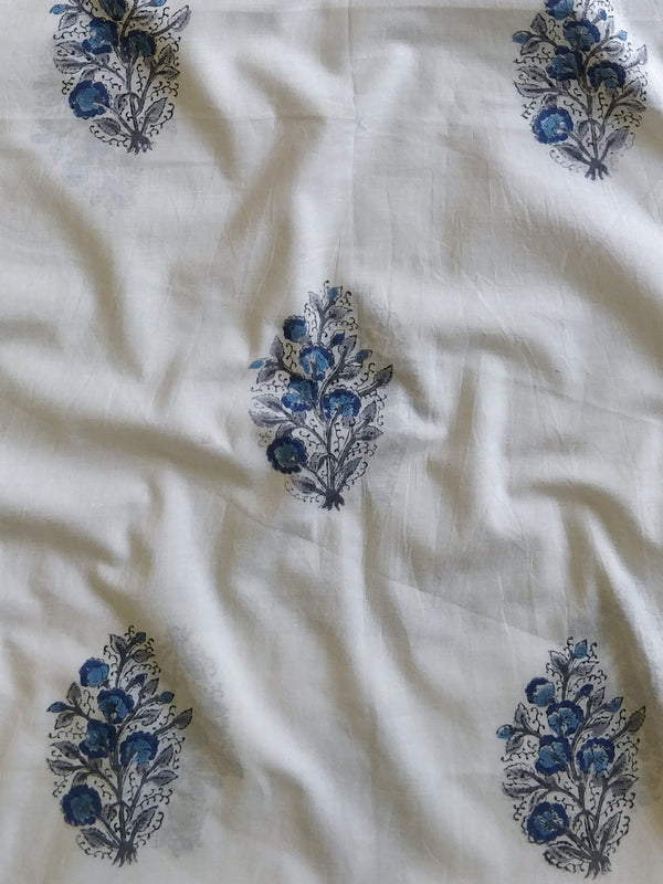 Handloom Mul Cotton Handblock Printed Suit Set-White