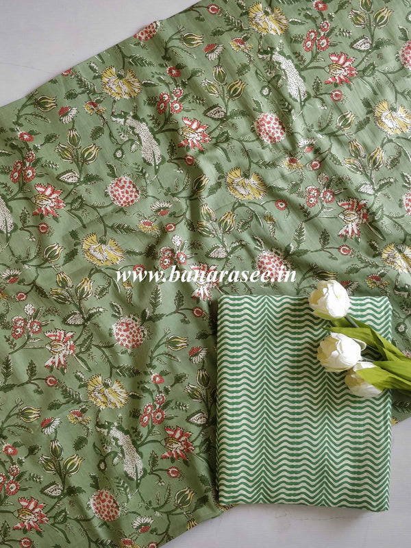 Handloom Mul Cotton Kameez & Bottom Set-Green