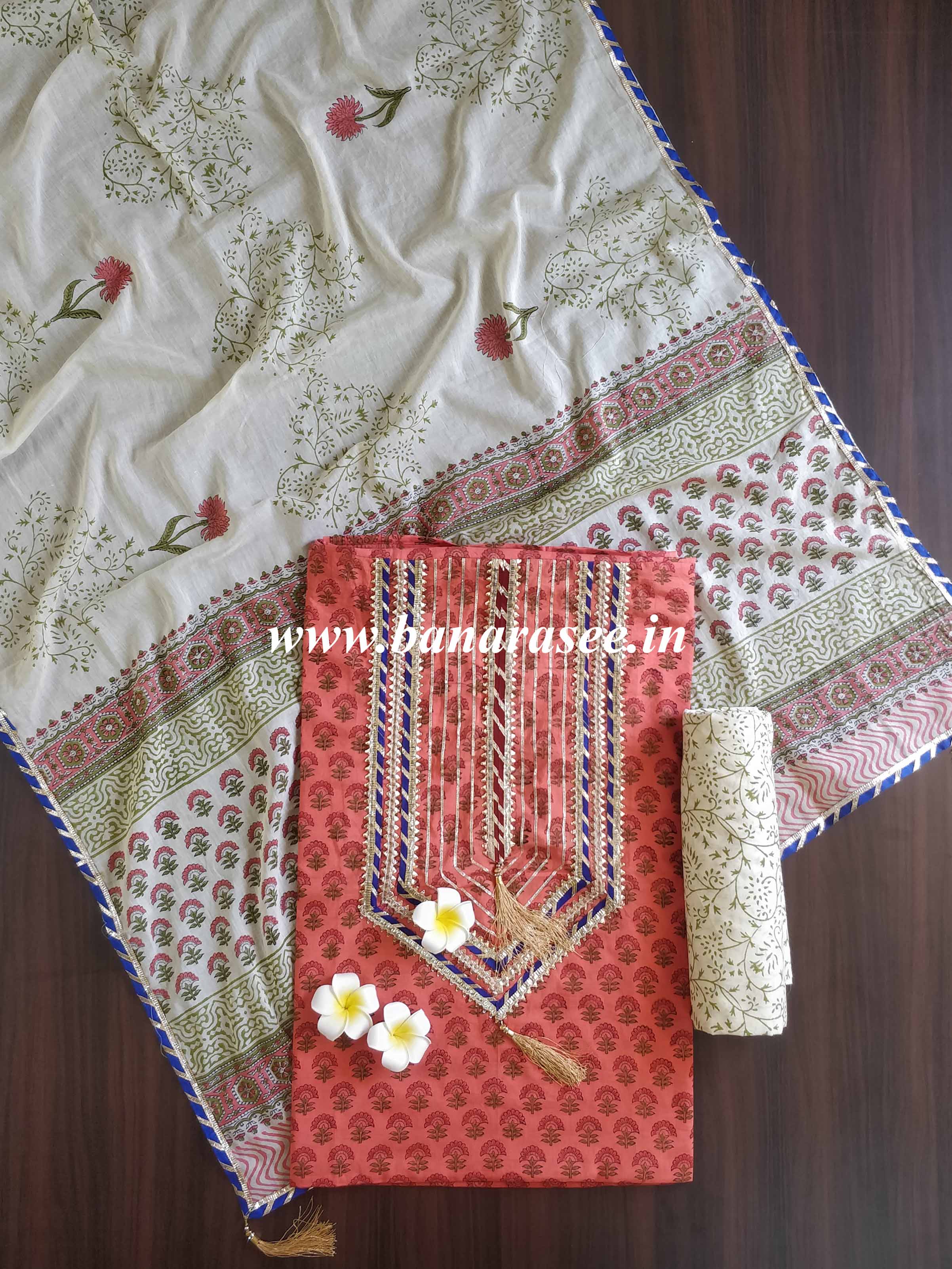 Pure Handloom Mul Cotton Sanganeri Block Printed Gotapatti Suit Set-Peach & Beige