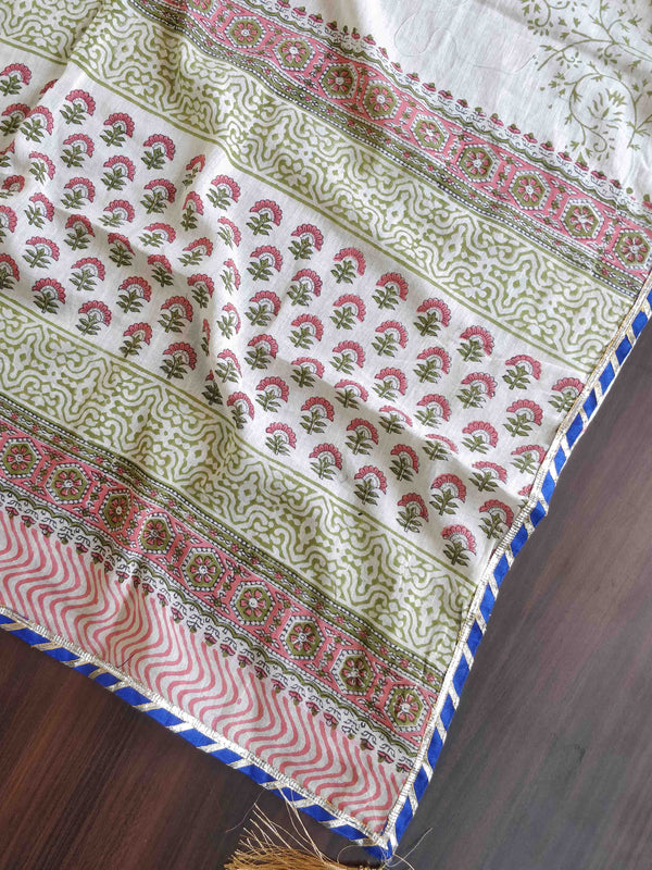 Pure Handloom Mul Cotton Sanganeri Block Printed Gotapatti Suit Set-Peach & Beige