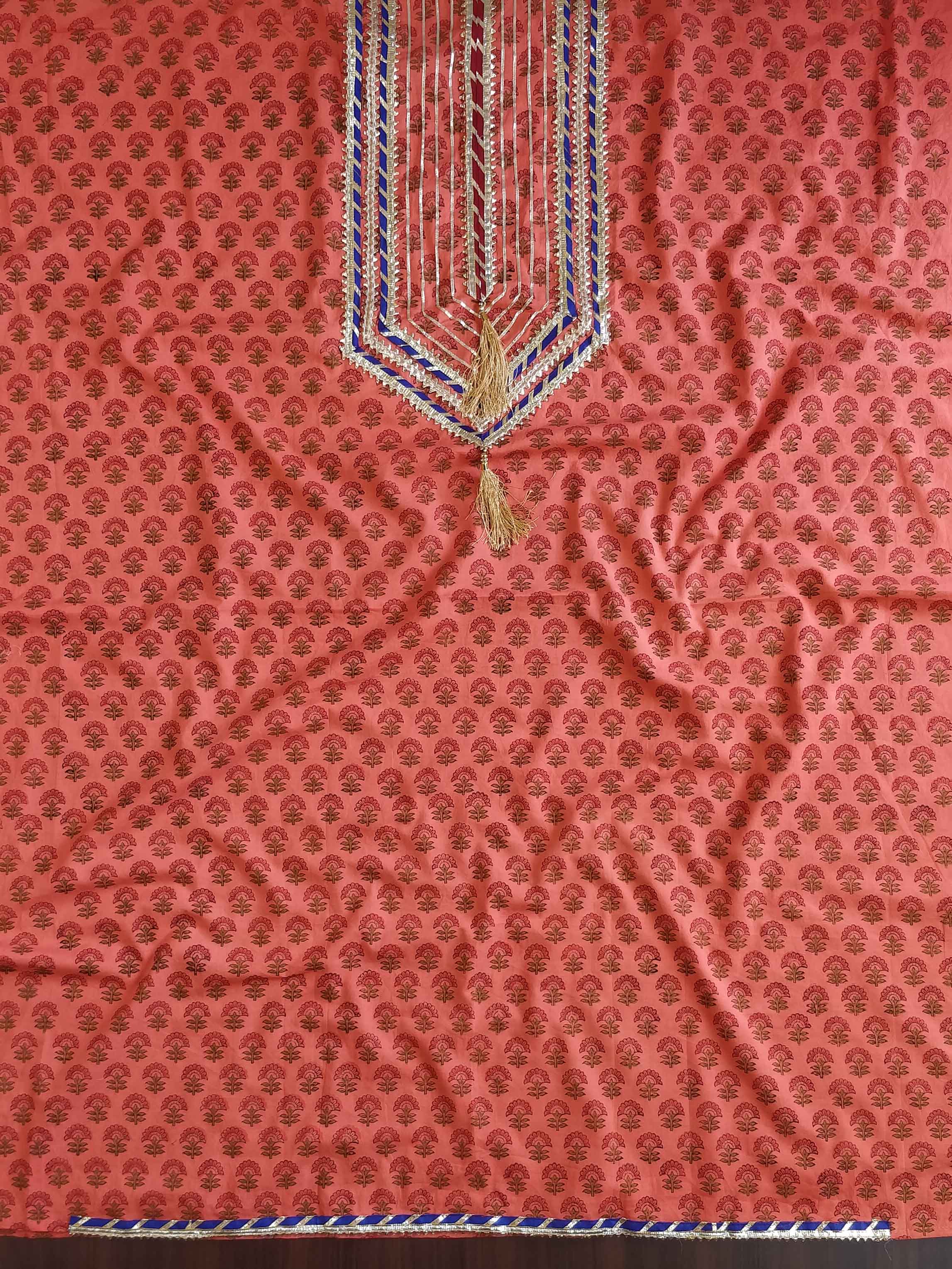 Pure Handloom Mul Cotton Sanganeri Block Printed Gotapatti Suit Set-Peach & Beige