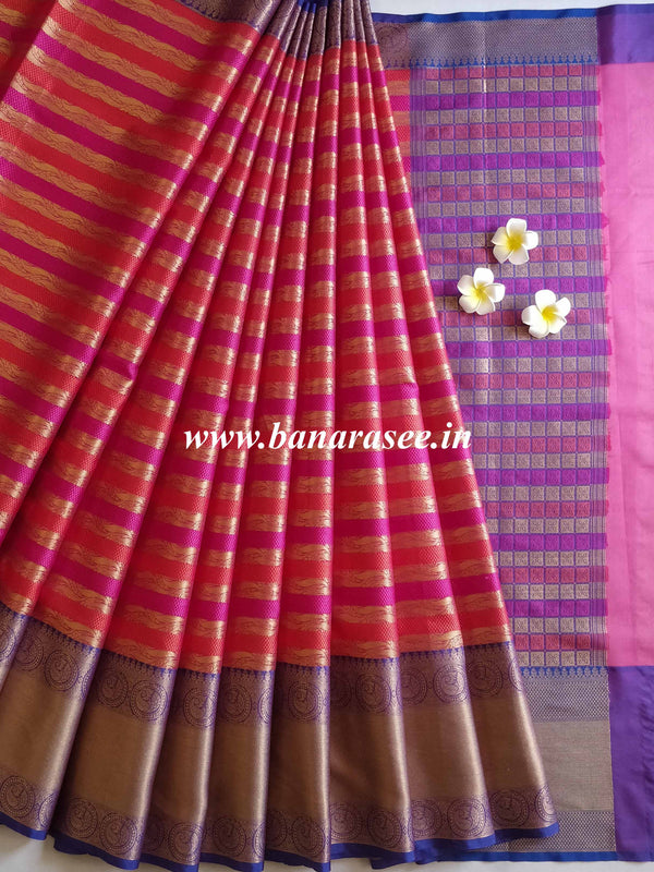 Banarasee Kora Muslin Saree With Contrast Blue Border-Magenta