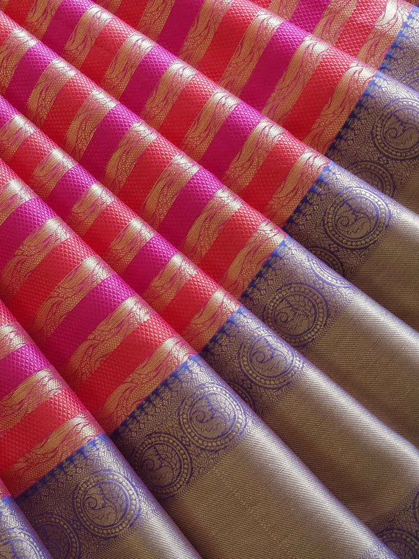 Banarasee Kora Muslin Saree With Contrast Blue Border-Magenta