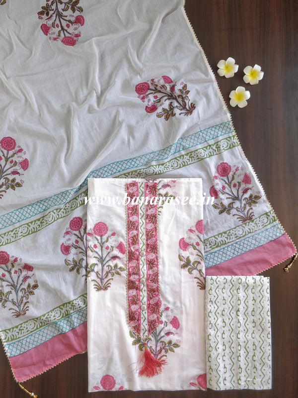 Pure Handloom Mul Cotton Sanganeri Block Printed Gotapatti Suit Set-White