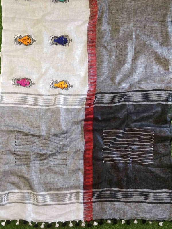 Bhagalpuri Handloom Pure Linen Buddha Embroidered Saree-White & Grey
