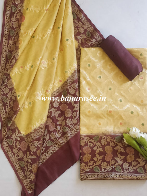 Banarasee Cotton Silk Zari Woven Salwar Kameez Dupatta Set-Beige & Brown