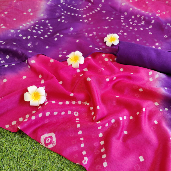 Banarasee Chanderi Cotton Bandhini  Salwar Kameez Dupatta Set-Pink & Purple