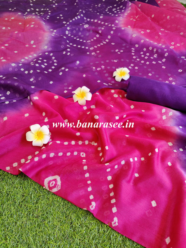 Banarasee Chanderi Cotton Bandhini  Salwar Kameez Dupatta Set-Pink & Purple