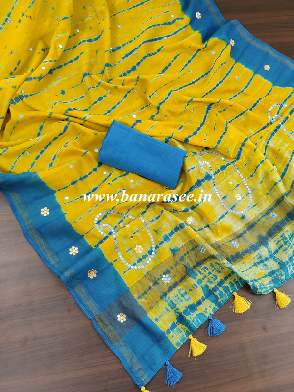 Banarasee Handloom Chanderi Shibori Dyed Saree With Mirror Work-Yellow & Blue