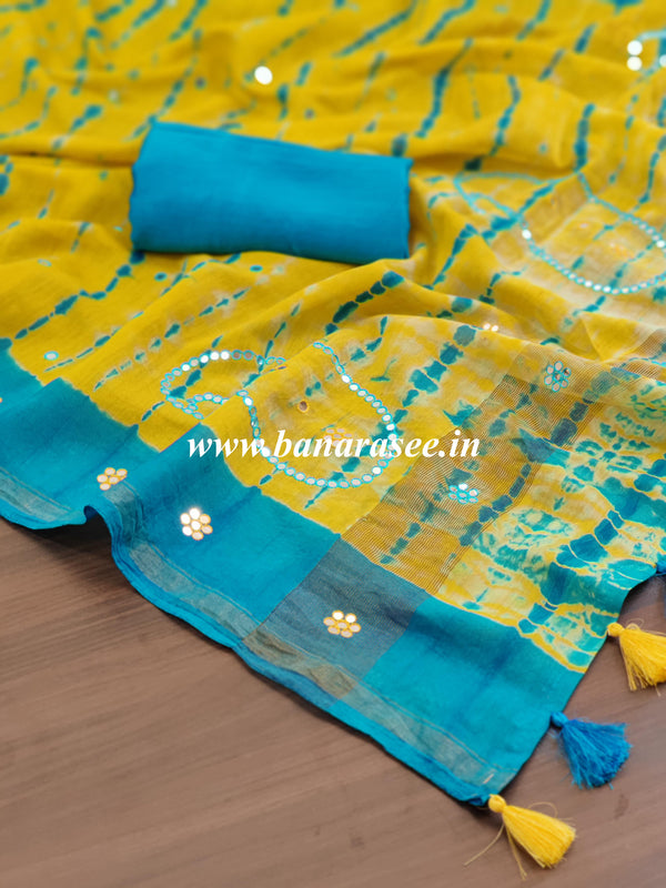 Banarasee Handloom Chanderi Shibori Dyed Saree With Mirror Work-Yellow & Blue