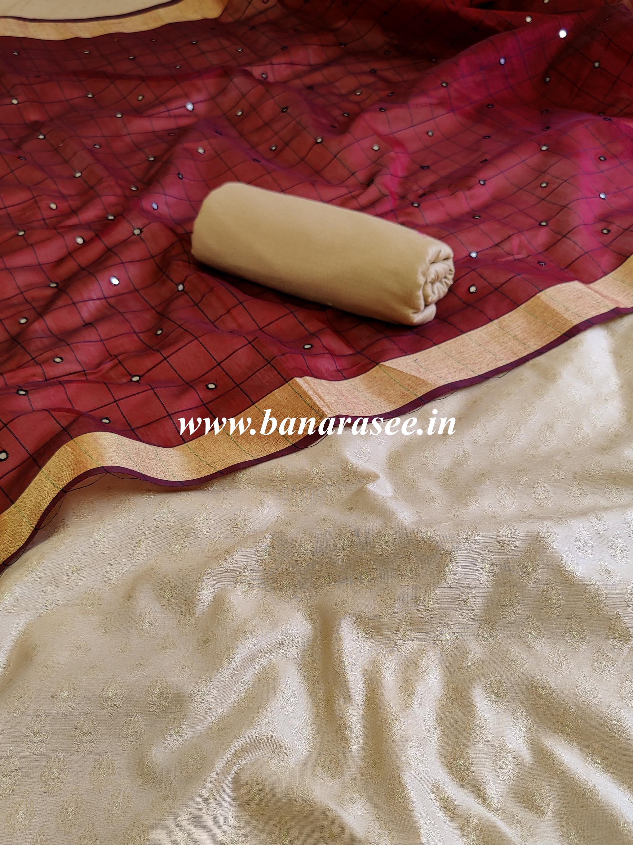 Banarasee Brocade Salwar Kameez Fabric With Mirror Work Dupatta-Beige & Maroon