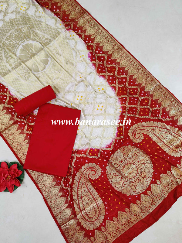 Banarasee Salwar Kameez Glossy Semi Silk Fabric With Zari Bandhej Dupatta-Red & White