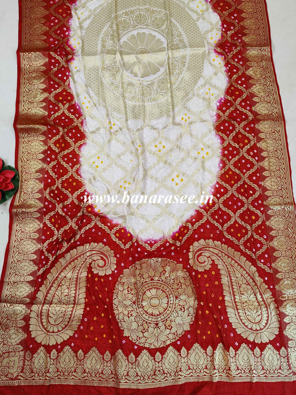 Banarasee Salwar Kameez Glossy Semi Silk Fabric With Zari Bandhej Dupatta-Red & White