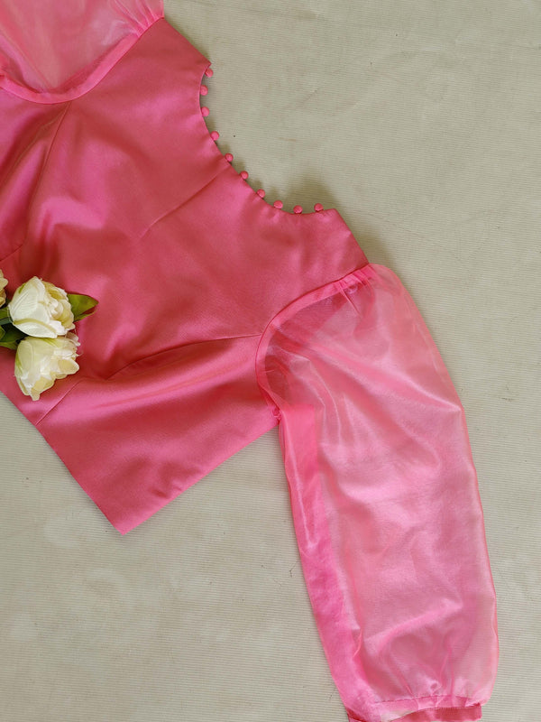 Banarasee Silk Blouse With Organza Silk Sleeves-Pink