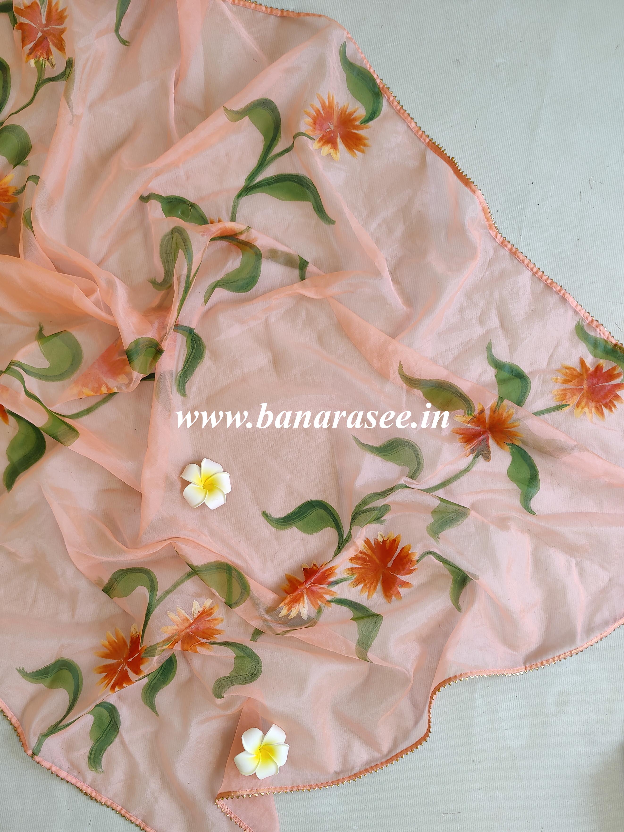 Banarasee Semi Silk Salwar Kameez Fabric With Hand-Painted Organza Dupatta-Green & Peach