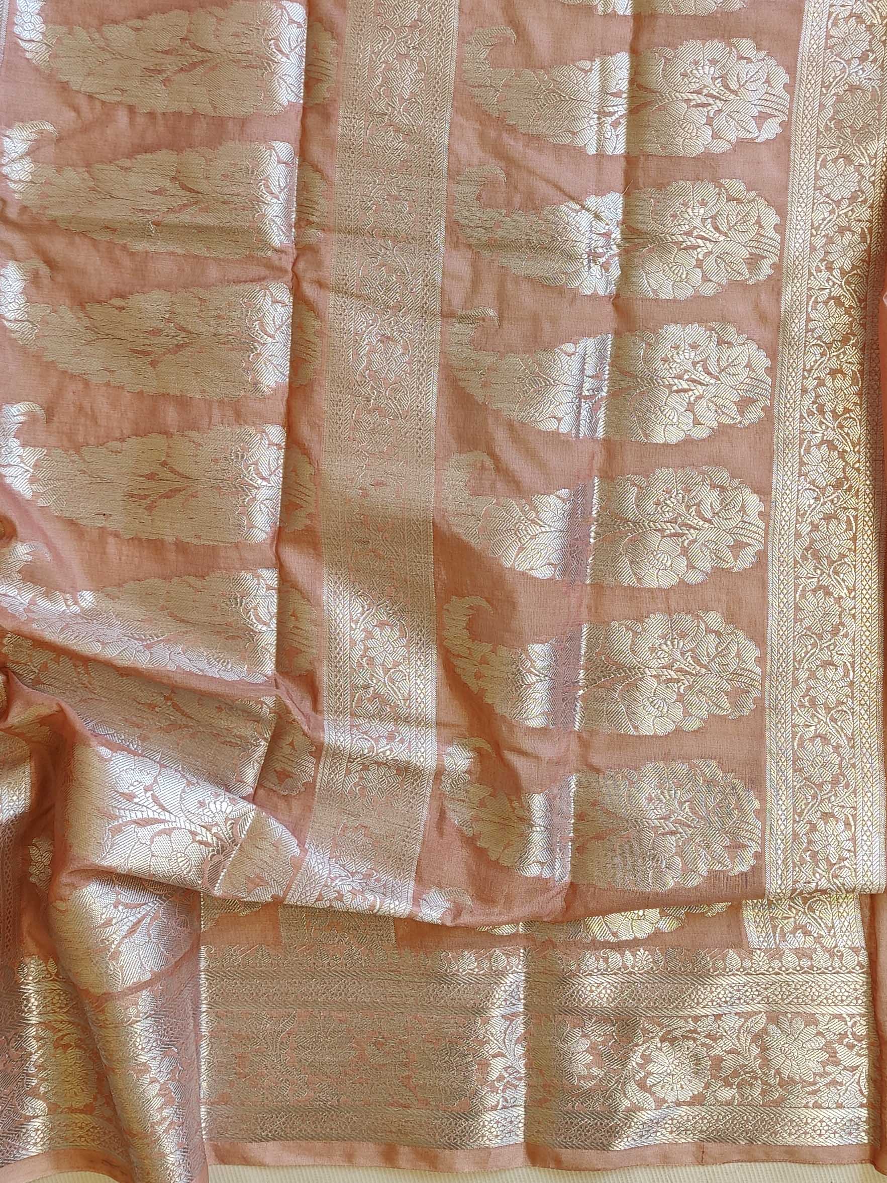 Banarasee Handwoven Semi Silk Saree With Silver Zari Border-Salmon Pink
