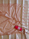Banarasee Handwoven Semi Silk Saree With Silver Zari Border-Salmon Pink