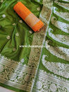 Banarasee Handwoven Semi Silk Saree With Silver Zari Border-Henna Green & Yellow