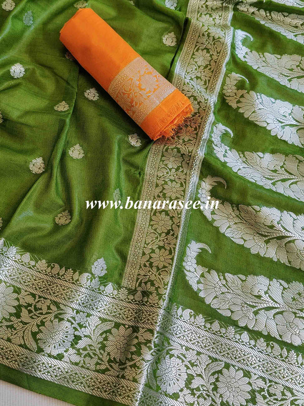 Banarasee Handwoven Semi Silk Saree With Silver Zari Border-Henna Green & Yellow