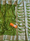 Banarasee Handwoven Semi Silk Saree With Silver Zari Border-Henna Green & Yellow