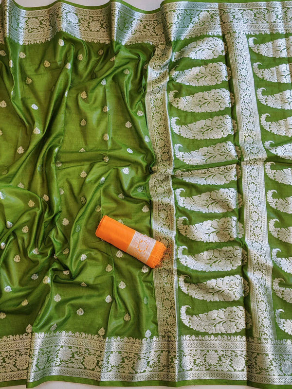 Banarasee Handwoven Semi Silk Saree With Silver Zari Border-Henna Green & Yellow