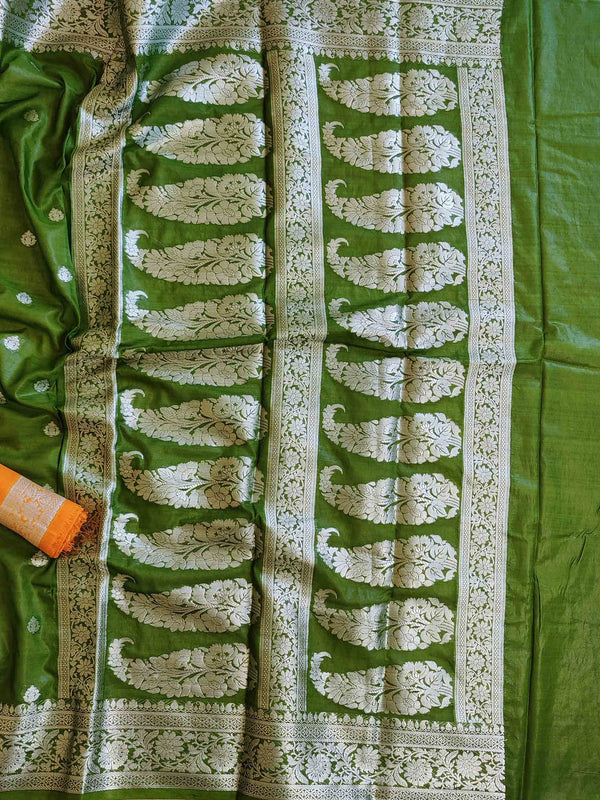 Banarasee Handwoven Semi Silk Saree With Silver Zari Border-Henna Green & Yellow