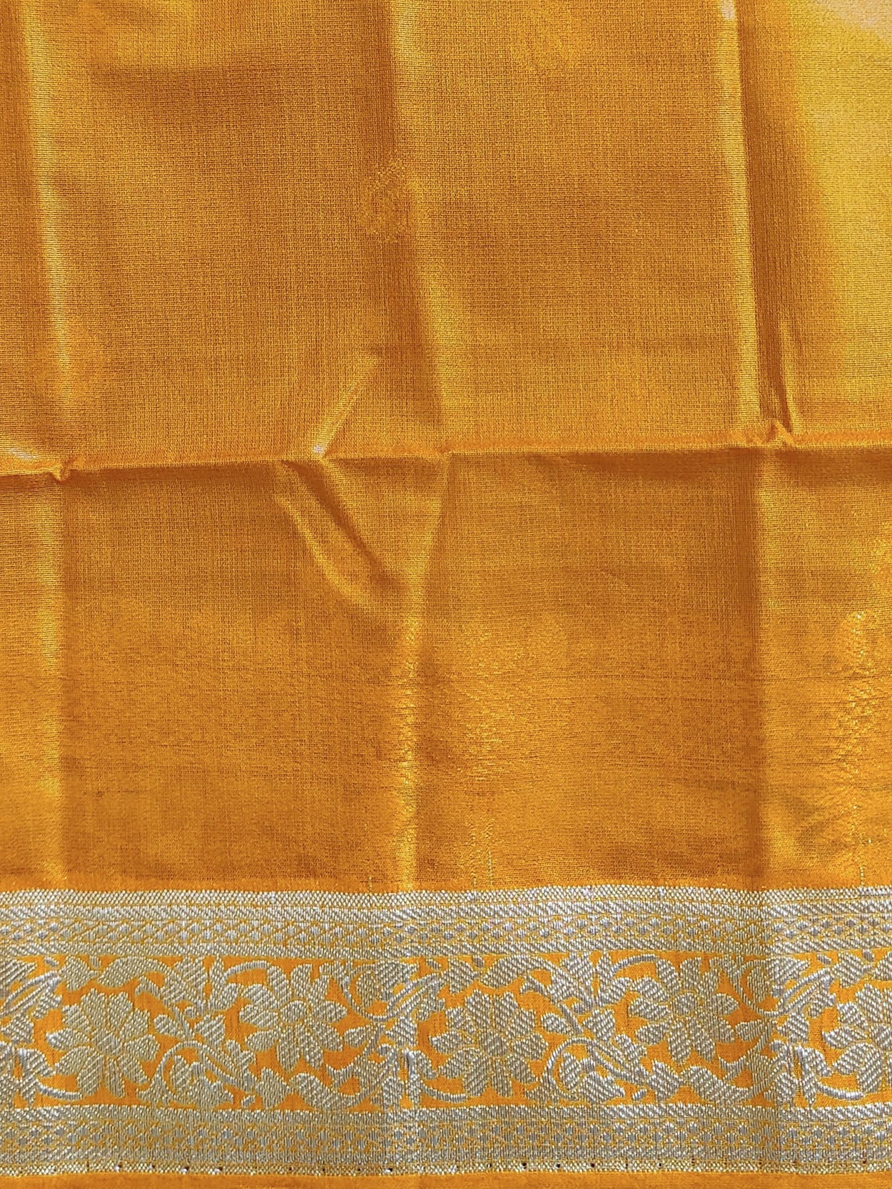 Banarasee Handwoven Semi Silk Saree With Silver Zari Border-Henna Green & Yellow
