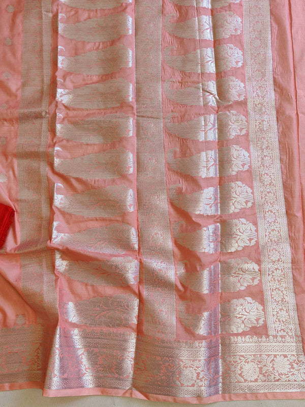 Banarasee Handwoven Semi Silk Saree With Silver Zari Border-Peach & Red